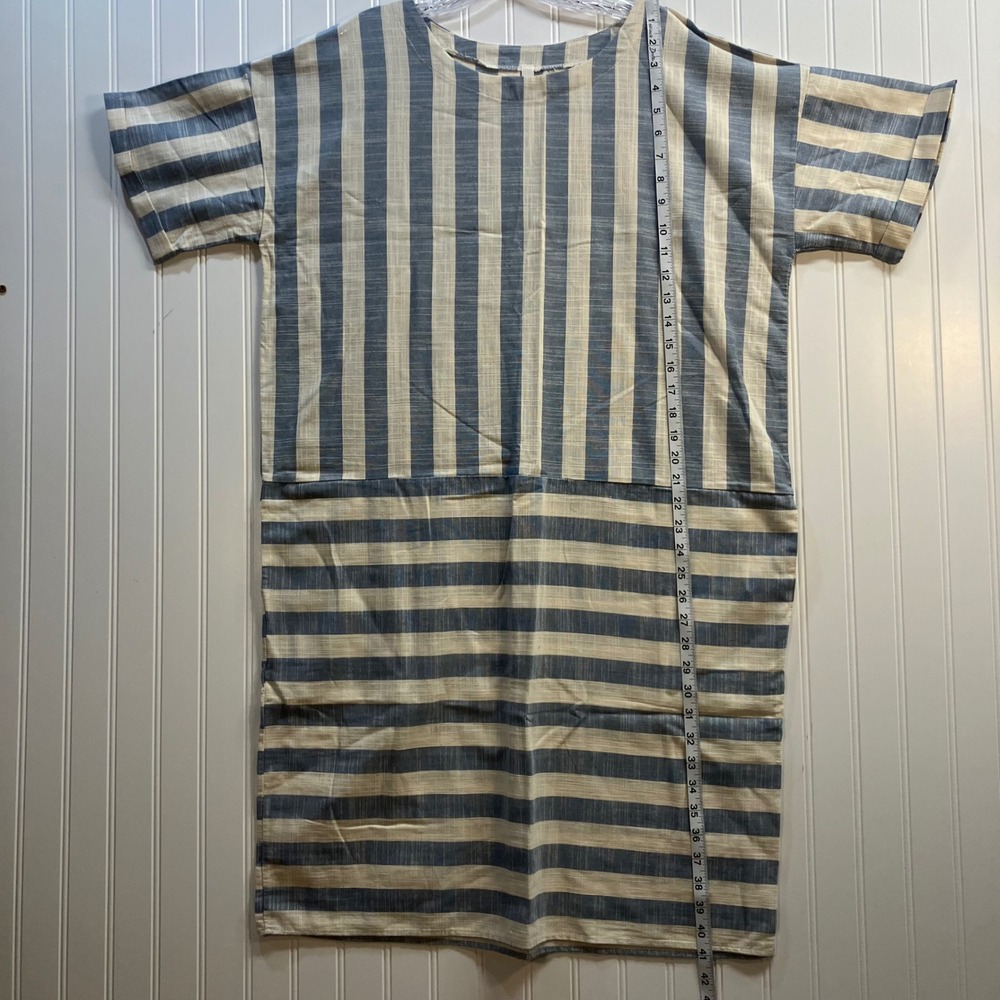 100% Cotton Blue/ White short-sleeved, striped, block-patterned shift dress Sz L - Picture 8 of 8